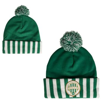   Zöld-fehér csíkos FTC kötött sapka bojttal – Hímzett Ferencváros címerrel