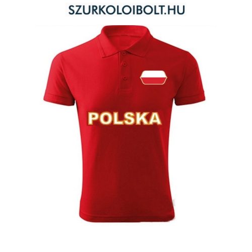 Polska / Lengyelország feliratos galléros póló - Lengyelország szurkolói ingnyakú póló (piros) 