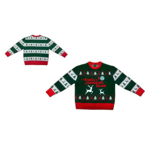 Fradi﻿ karácsonyi kötött Ferencváros pulóver – „Santa's favourite team﻿” feliratos, fenyőfás‑szarvasos ünnepi szurkolói felső